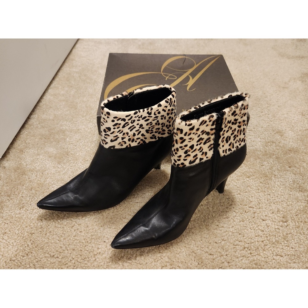 Enzo Angiolini Eazeal Black Leather Leopard Calf Hair Ankle Boots 9M